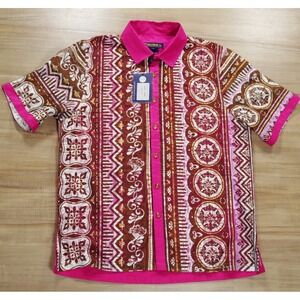 Prestige Original Mens XL Pink Brown Linen Button Down Shirt LUX-560 Medallion‎